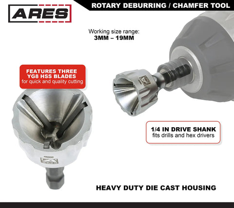 Close-up of Three Piece External and Internal Rotary Deburring and Chamfer Tool Kit for Pipes and Fasteners, showing die cast housing and HSS blades.