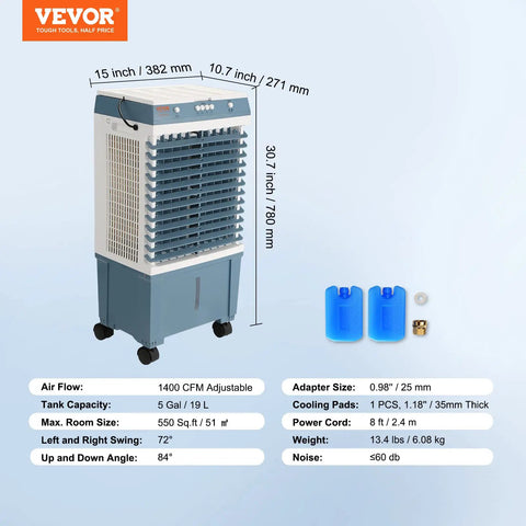 Evaporative Air Cooler 1400 CFM 11 X 31 Inch Portable Swamp Cooler With 3 Speeds, Energy Saving Outdoor Air Conditioner