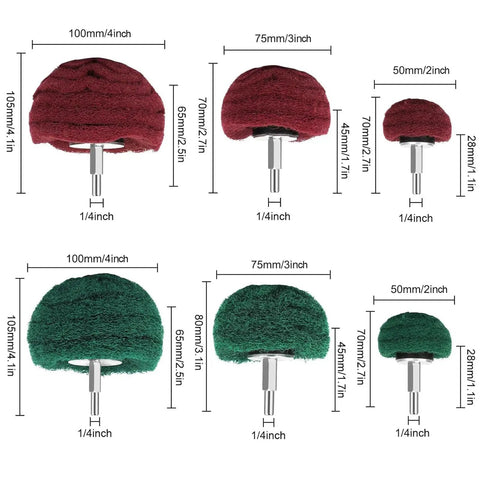 Six Pack Non Woven Abrasive Drill Buffing Wheel Set With 1/4 Inch Shank, showing various red and green pad sizes for polishing.