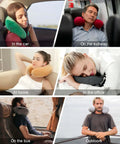 People using Nurse Pattern Purple U Shape Memory Foam Neck Pillow Travel Pillow in various settings like cars, subway, and office.