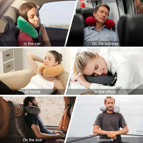 People using the Pikes Peak Colorado Travel Pillow For Neck And Head Support U Shaped Napping Pillow in various locations.