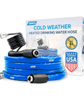 12 Foot Heated RV Water Hose With Freeze Protection Down To Minus Twenty Degrees Fahrenheit Energy Saving Thermostat NSF Certified Drinking Water Safe End To End Adapter Included For Quick Hookups On The Road displayed next to packaging.