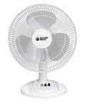 Front view of 12-inch oscillating table fan with quiet operation, safety grill, adjustable tilt head, ideal for small spaces.
