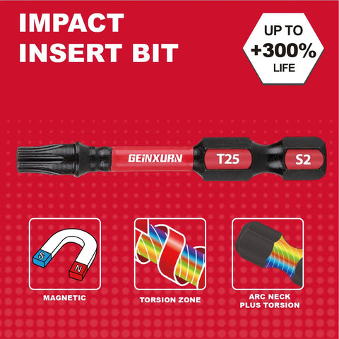 Sick 10 Pack S2 Steel Impact Driver Bit Set With 6 Inch Long Bits For Heavy Duty Drilling And Fastening Work, Comes In Handy Storage Tray With Phillips Torx Square And Hex Head Bits To Keep Your Garage Organized Today. T25 S2 impact driver bit with magnetic tip and torsion zone