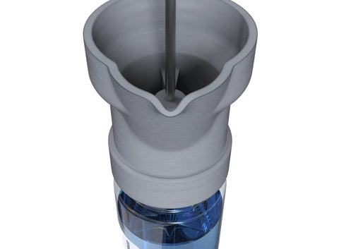 Compact Four Oz Aviation Fuel Tester Jar With Integrated Funnel For General Aviation Sump Samples 2nd Gen, top view showing blue liquid