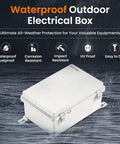 Heavy Duty Outdoor Junction Box Waterproof Electrical Enclosure IP67 Weatherproof Cable Splice Housing Rugged Tank Built Design For Wire Connectors And Circuit Protection Knockout Ready Tough As Nails in the rain.