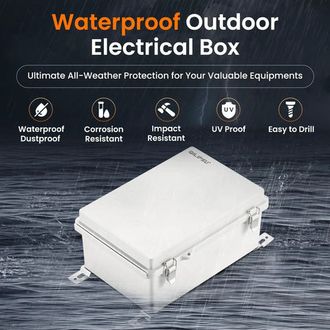 Heavy Duty Outdoor Junction Box Waterproof Electrical Enclosure IP67 Weatherproof Cable Splice Housing Rugged Tank Built Design For Wire Connectors And Circuit Protection Knockout Ready Tough As Nails in the rain.