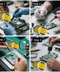 Pro Grade Lead-Free Rosin Solder Flux Paste No Clean for PCB and Electronics Repairs with hands applying paste in steps 1-4.