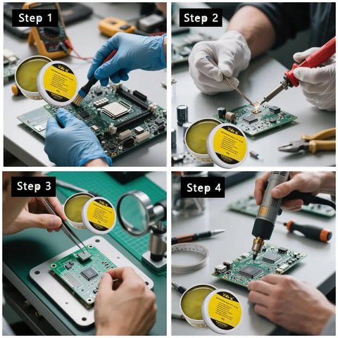 Pro Grade Lead-Free Rosin Solder Flux Paste No Clean for PCB and Electronics Repairs with hands applying paste in steps 1-4.