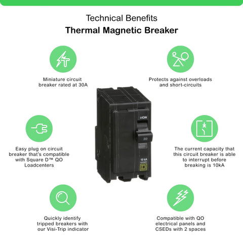 Qwik Open 30 Amp Mini Circuit Breaker, 2 Pole, 120/240V AC, 10kA Breaking Capacity, Plug In Mount, Heavy Duty, Model QO230CP