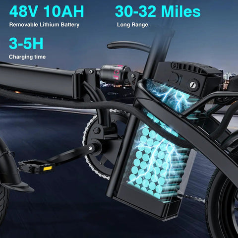 Close-up of Dope Folding Electric Bike For Adults And Teens, showing 48V 10Ah removable battery and motor, emphasizing technology