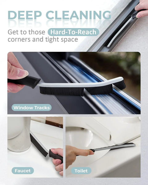 SXhyf crevice cleaning brush by Amazon; curved hard-bristle cleaner for window tracks, faucet, and toilet.