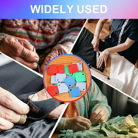 Collage of using Automatic Needle Threader Kit for hand sewing and embroidery, showing hands threading needles and colorful tools.