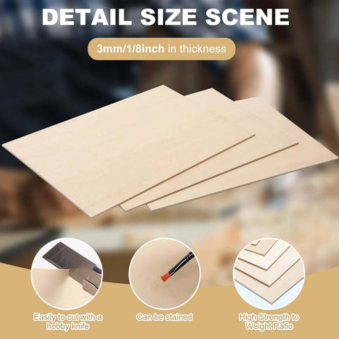 Basswood sheets, unfinished natural wood, 3 sheets visible, 12 x 16 x 1/8 in, for laser cutting.