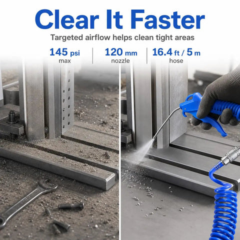 Hardcore Air Blow Gun Kit With Sixteen Foot Pneumatic Pu Hose One Quarter Inch Quick Coupler Plus Auto Shut Off Valve for precise cleaning.