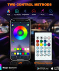 Interior Car LED Strip Lights Kit With Dreamcolor Chasing, app and RF remote control for ambient car lighting in use.