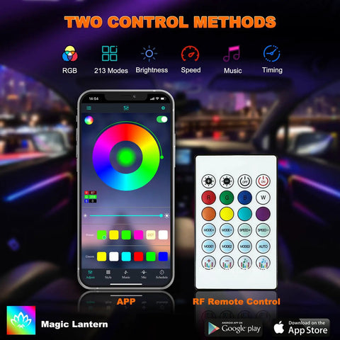 Interior Car LED Strip Lights Kit With Dreamcolor Chasing, app and RF remote control for ambient car lighting in use.