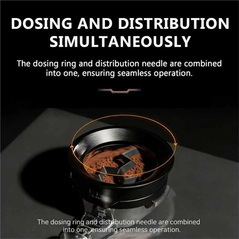 58mm Rotary Espresso WDT Tool Kit With Stainless Steel Powder Distributor And Clump Busting Stirrer, showing dosing ring and distribution needle.