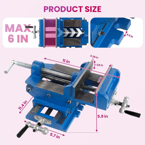 Built Like A Tank 6 Inch Cross Slide Drill Press Vise Heavy Duty Cast Iron 2 Way X Y Bench Vise dimensions marked on image.