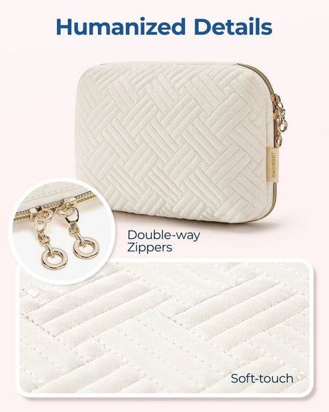 Beige Travel Electronics Organizer Case For Women, Slim cord keeper, double-way zippers, herringbone pattern, 9.8x6.7x1.4 inches