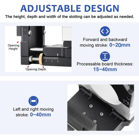 Diagram showing adjustments of 2-In-1 Invisible Fastener Slotting Bracket And Router Mortising Jig For Mortise And Tenon Work