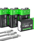 4 Pack Rechargeable 9V Batteries Featuring 1300mAh Lithium Ion Juice And Usb C Built In Port With Led Charging Lights