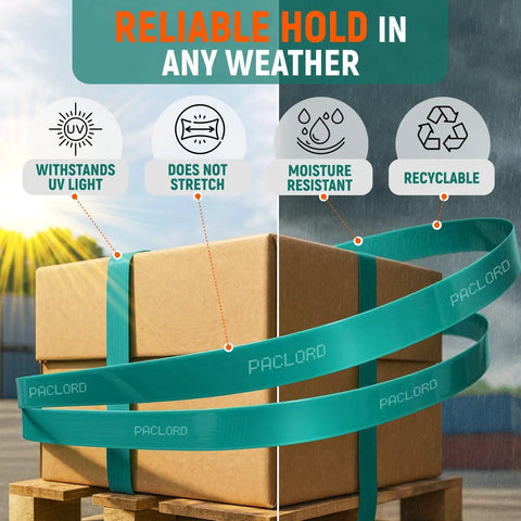 Half Inch PET Strapping Coil 6500 Foot Long Industrial Grade Green Pallet Banding With 820 Pound Break Strength Weather Resistant And Low Elongation For Ready To Roll Secure Loads During Transit shown securing package