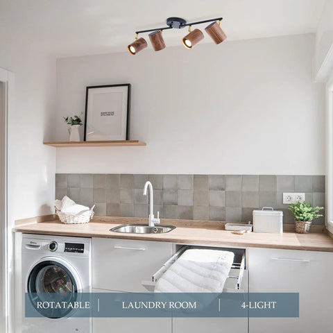 Modern 4 Light Track Lighting Kit With Dope Matte Black Finish And Natural Wood Lampshades Flexible 350 Degree Rotatable Heads Ceiling Light Fixture For Kitchen Hallway And Living Room Industrial Style Illumination