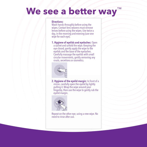 iVIZIA Eyelid Cleansing Wipes instruction card with purple text and diagrams on white background