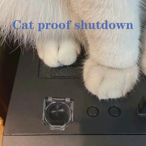 Cat paws resting on desktop near Push Button Switch Cover Dustproof Safety Protector for 22mm Switches on Computers and PC Desktops