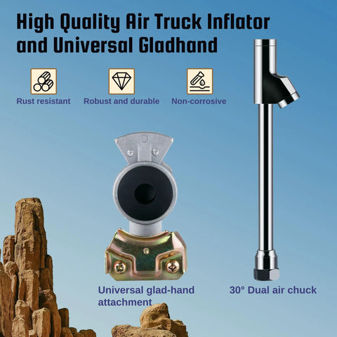 Heavy Duty Truck Tire Inflator Kit And Tough 3/8 X 50 Ft Hybrid Air Hose With Brass Fittings featuring a universal glad-hand attachment and dual air chuck.