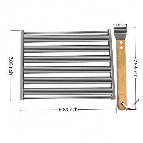 Cool-Touch Hot Dog Roller With Extra Long Wooden Handle Stainless Steel Grill Accessory showing dimensions of roller and handle