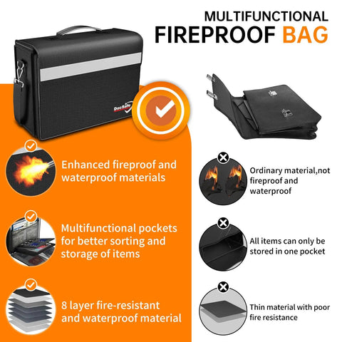 Fireproof Document Bag With Multiple Pockets Large Seventeen Inch By Twelve Point Five Inch By Seven Point Two Inch Waterproof File Organizer with features shown