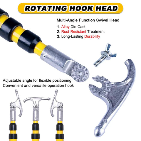 Pro Grade 13 Foot Telescopic Hot Stick With Rugged Utility Hook ASTM F711 showcases a rotating hook head for versatile power line work.