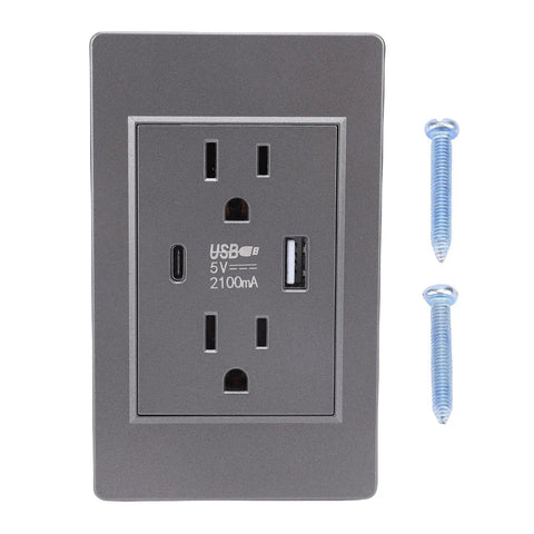 Gonna Boost Your Walls With This Real Solid 15A Dual USB C Outlet Featuring A Heavy Duty Steel Backbone And Flame Resistant Shell For Quick Charging And Total Overload Protection At Home - close-up view of wall outlet with USB ports and screws.