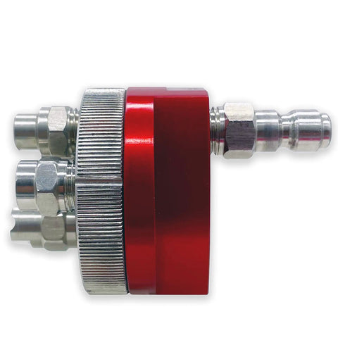 Side view of Five Position Rotary Pressure Washer J-Rod Nozzle Tip Holder with Quick Twist Tip Switching, red and silver metal