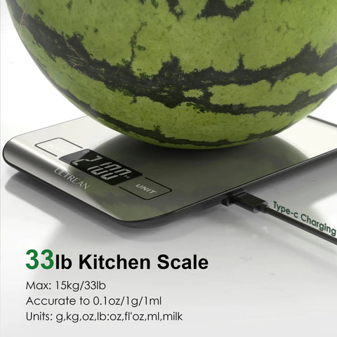 Smart Kitchen Scale With Nutritional Calculator And Macro Tracking App, Ai Food Recognition, Barcode Scan, Digital Grams And Ounces, Rechargeable Stainless Steel, 33Lb Capacity For Easy Weight Loss And Real Food Wins weighing a watermelon