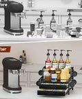 Before and after setup with 4 Tier Coffee Syrup Rack Organizer With Room For 8 Syrup Bottles And 84 Coffee Pods Perfect Bar Station.