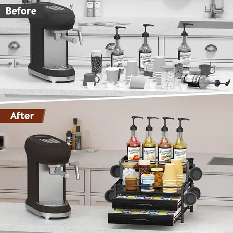 Before and after setup with 4 Tier Coffee Syrup Rack Organizer With Room For 8 Syrup Bottles And 84 Coffee Pods Perfect Bar Station.