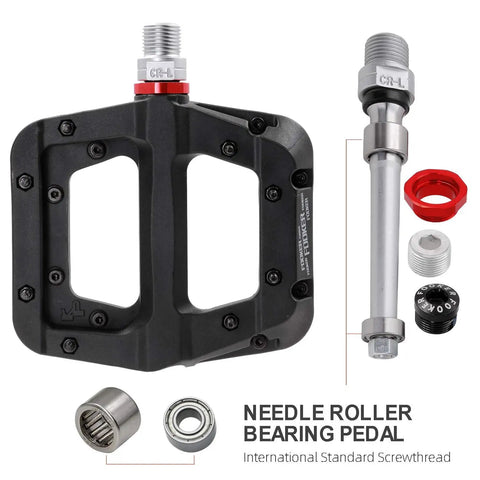 Non Slip Mountain Bike Pedals With Lightweight Nylon Fiber Platform For MTB And BMX 3 Bearing Cr Mo Spindle Rugged All Terrain Pedals Nine Sixteenth Inch Spindle Durable Abrasion Resistant Grippy For Rough Trails Built To Last. black nylon MTB pedal with 9/16 spindle and bearing parts