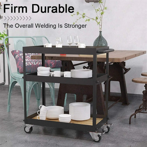 Three Tier Industrial Rolling Bar Cart With Thick Oak Shelves And Silent Casters For Living Room Hosting, filled with plates and cups.