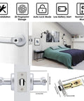 Biometric Fingerprint Door Lock With Quick 0.3 Second Unlock Silver Finish Dual Unlock Methods With Fingerprint And Backup Keys Easy One Touch Access 12 Month Warranty shown on bedroom door with installation diagram
