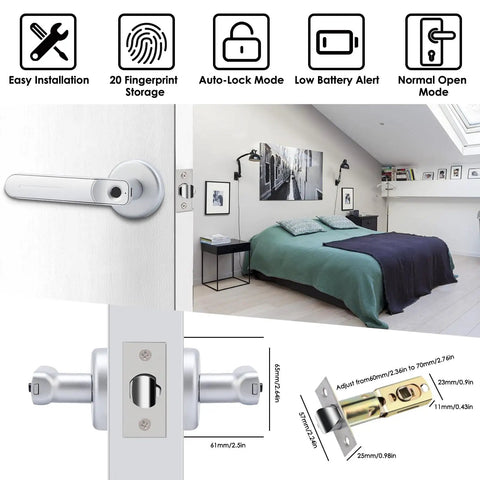 Biometric Fingerprint Door Lock With Quick 0.3 Second Unlock Silver Finish Dual Unlock Methods With Fingerprint And Backup Keys Easy One Touch Access 12 Month Warranty shown on bedroom door with installation diagram
