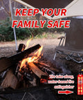 Heavy Duty Water Based Fire Extinguisher Spray next to a campfire, portable safety kit for outdoor use, 620 ml.