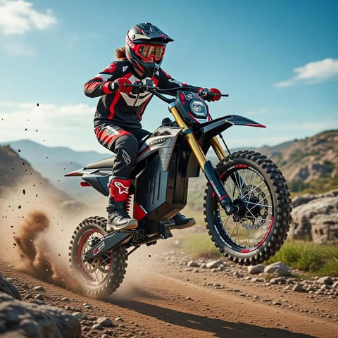 Rider on Power Packed 3500W Peak Electric Dirt Bike for Teens and Adults, Hits Up To 37 MPH, off-road, kicking up dirt