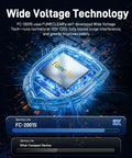 Wide Voltage Technology display for FC-2001S unit, showcasing advanced safety features and compatibility for solder fume extraction.