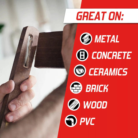 Epoxy Repair Putty Stick 2 Oz Hand Mixable Two Part System All Purpose Quick Set Moldable Adhesive That Bonds To Damp Surfaces And Cures Underwater For Home Marine And Plumbing Fixes 1 Pack shown with wood application icons for metal, concrete, ceramics, brick, wood, PVC.