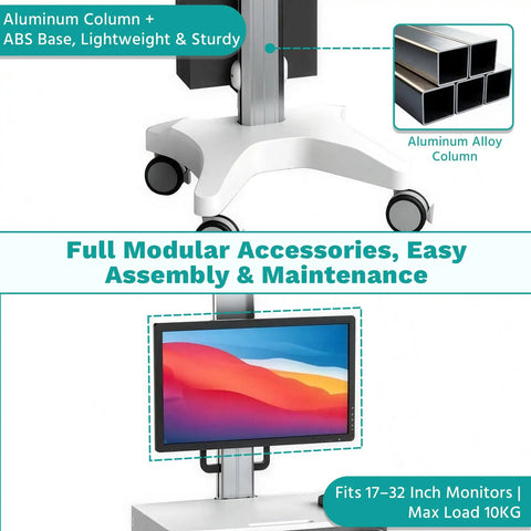 Game Changer Height Adjustable Medical Computer Cart With Sturdy Monitor Mount And Smooth Ride Wheels features aluminum column and ABS base.