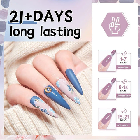 Close-up of manicured hand with blue and floral nail art using 27 Colors Gel Nail Polish Kit With UV And LED Light Lamp For At Home Manicures.