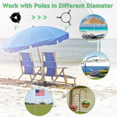 Heavy Duty Steel Beach Umbrella Sand Anchor No Dig Ground Stake used with various pole sizes at beach and patio